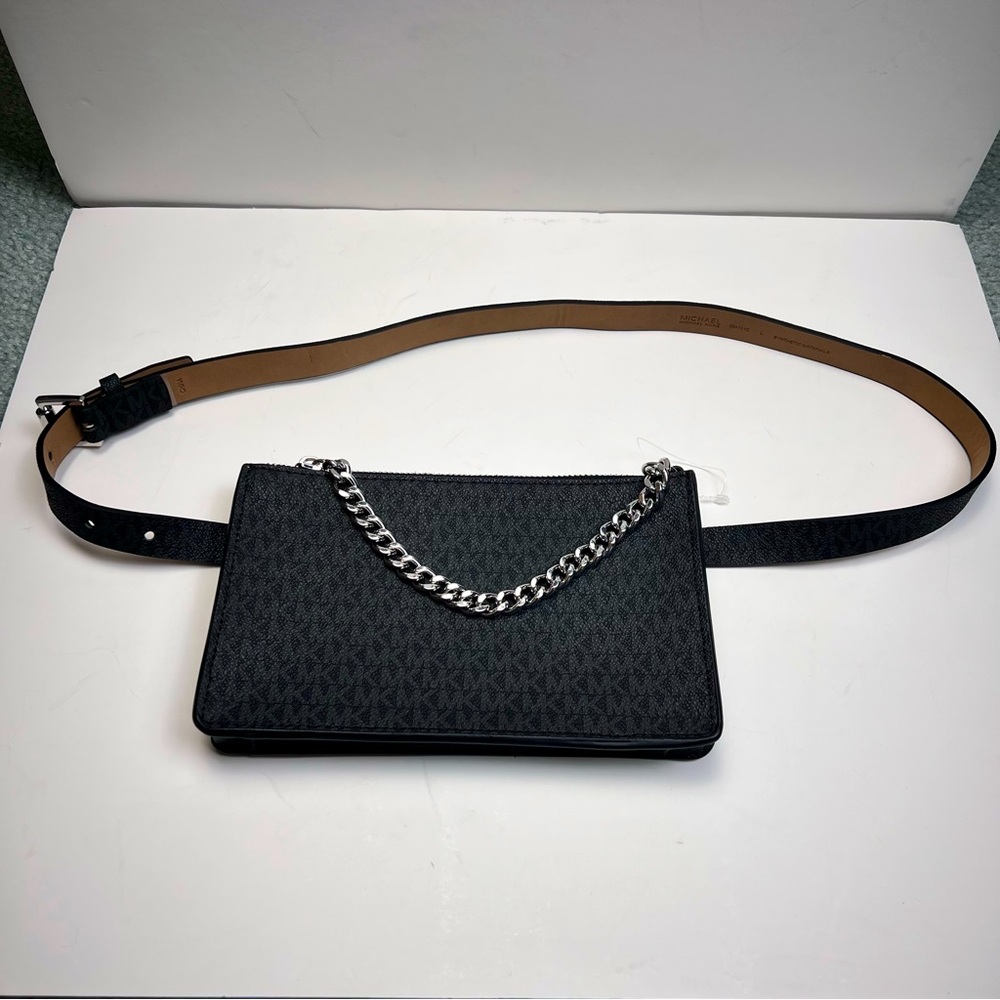 MICHAEL KORS Belt Bag with Silver Chain Detail, Size Large , Black and Taupe